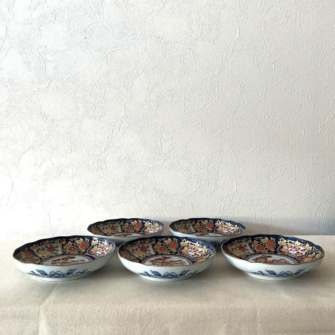 ○M648 ○有田焼 永祥窯 古伊万里　牡丹金彩 輪花皿【5枚】未使用美　華やか