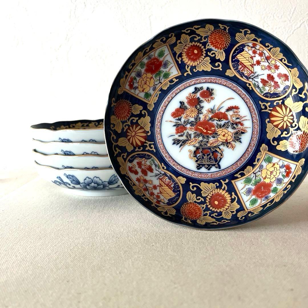 ○M648 ○有田焼 永祥窯 古伊万里　牡丹金彩 輪花皿【5枚】未使用美　華やか