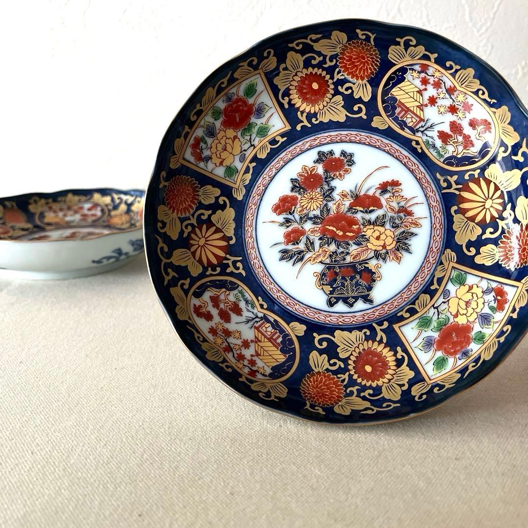 ○M648 ○有田焼 永祥窯 古伊万里　牡丹金彩 輪花皿【5枚】未使用美　華やか