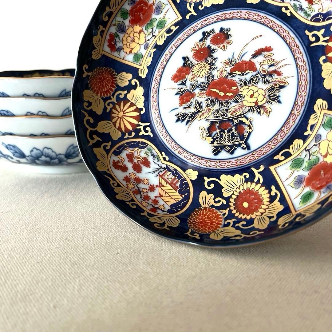 ○M648 ○有田焼 永祥窯 古伊万里　牡丹金彩 輪花皿【5枚】未使用美　華やか