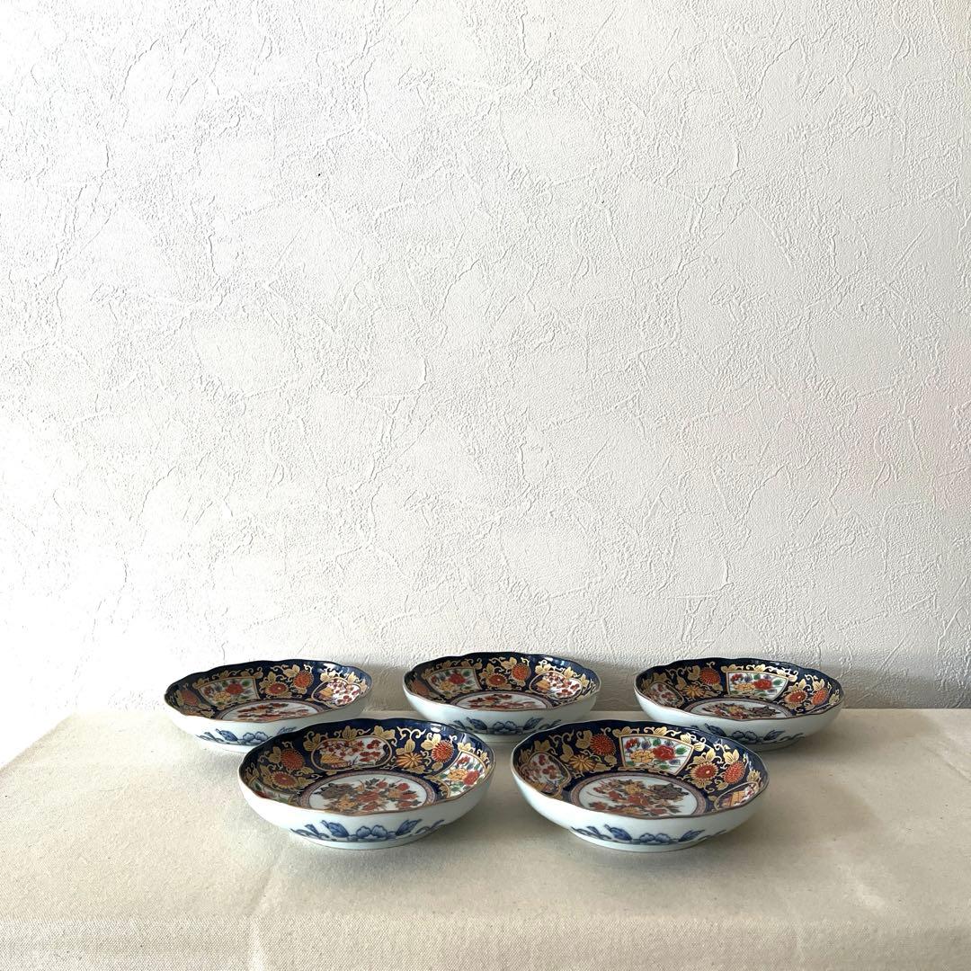 ○M648 ○有田焼 永祥窯 古伊万里　牡丹金彩 輪花皿【5枚】未使用美　華やか