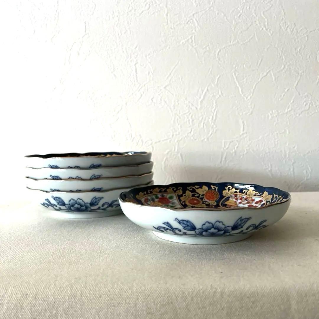 ○M648 ○有田焼 永祥窯 古伊万里　牡丹金彩 輪花皿【5枚】未使用美　華やか