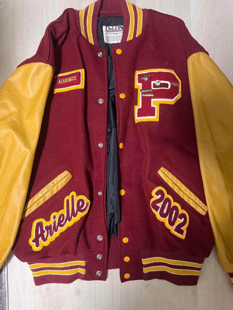 【希少バッジ付】DeLONG USA製 ビンテージ レタード 袖レザースタジャン