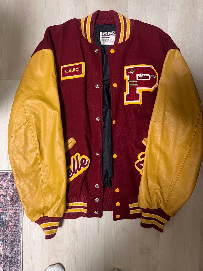 【希少バッジ付】DeLONG USA製 ビンテージ レタード 袖レザースタジャン