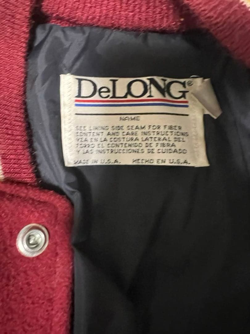 【希少バッジ付】DeLONG USA製 ビンテージ レタード 袖レザースタジャン
