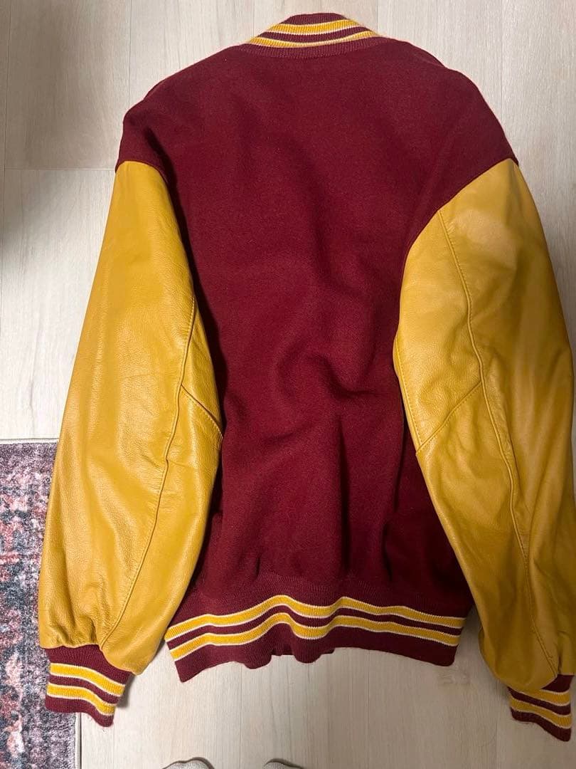 【希少バッジ付】DeLONG USA製 ビンテージ レタード 袖レザースタジャン