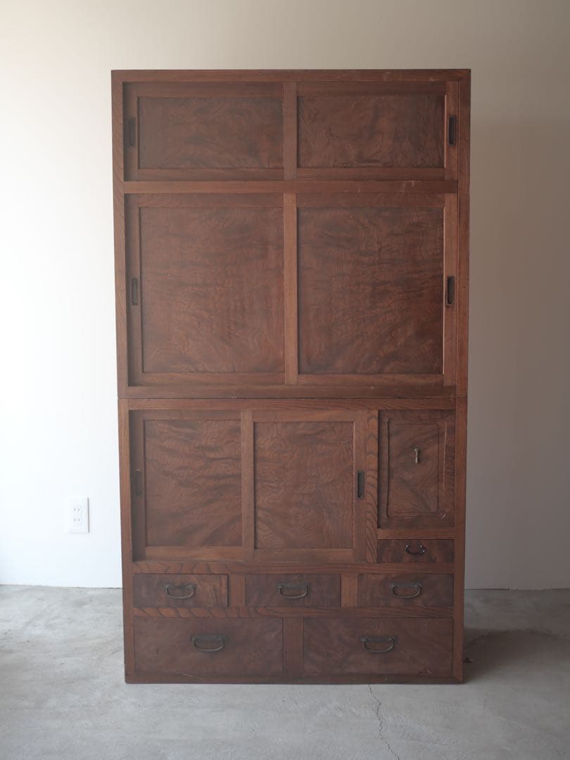 茶箪笥　箪笥　食器棚　ケヤキ　玉杢　古家具　古道具　アンティーク　昭和レトロ