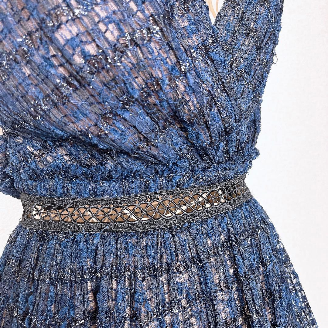 セルフポートレート ラメ レース ドレス ツイード リボン ティアード ネイビー