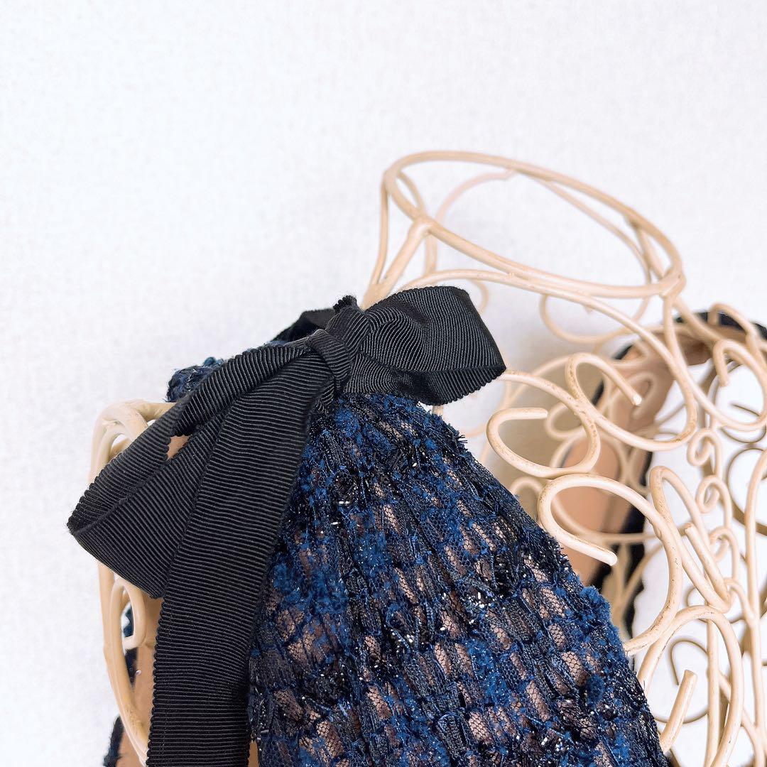 セルフポートレート ラメ レース ドレス ツイード リボン ティアード ネイビー