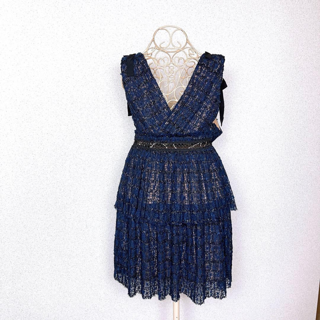 セルフポートレート ラメ レース ドレス ツイード リボン ティアード ネイビー