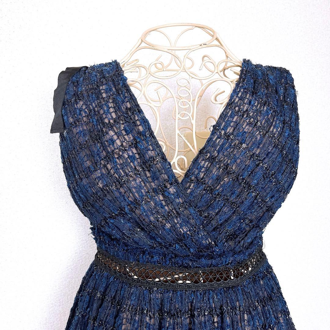 セルフポートレート ラメ レース ドレス ツイード リボン ティアード ネイビー