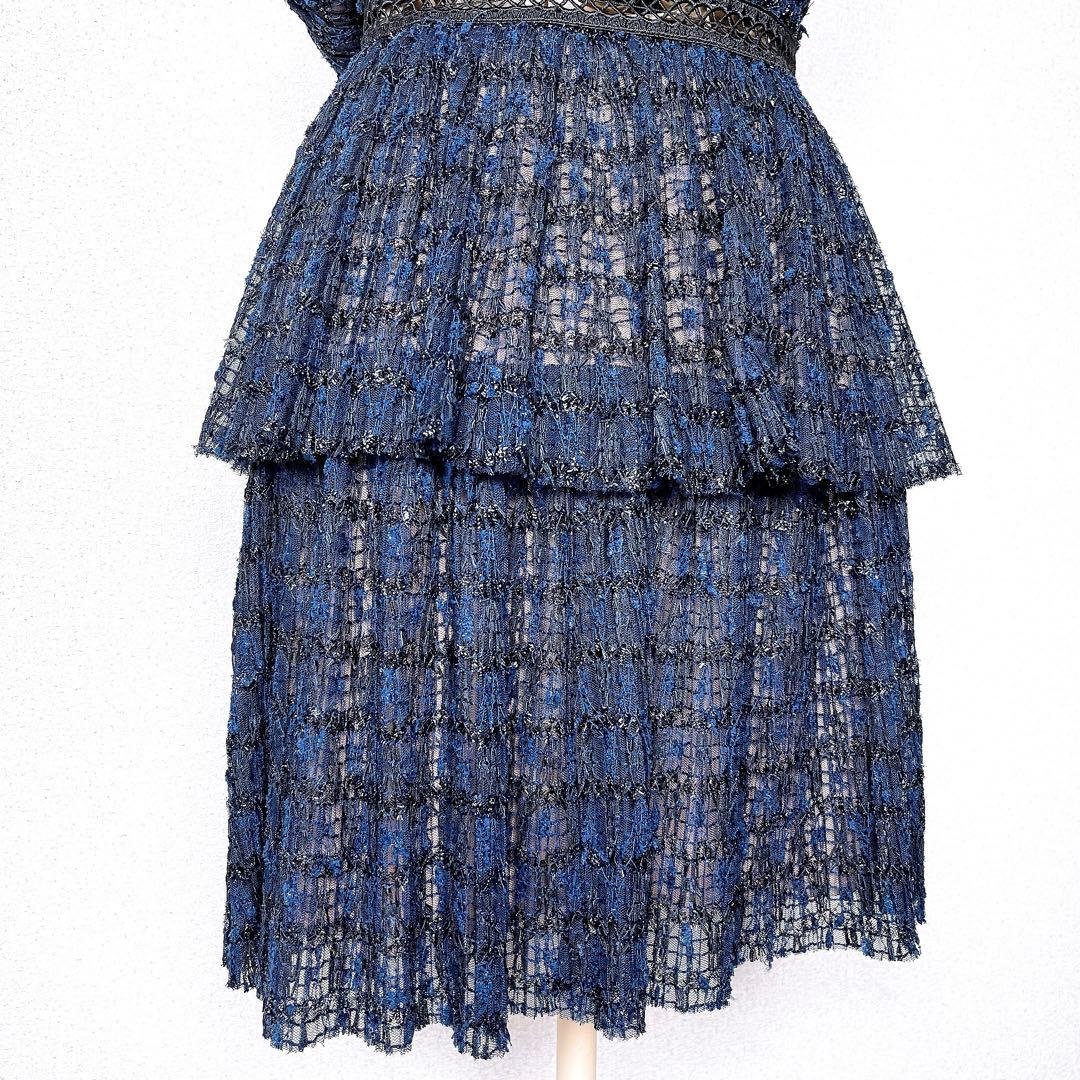 セルフポートレート ラメ レース ドレス ツイード リボン ティアード ネイビー