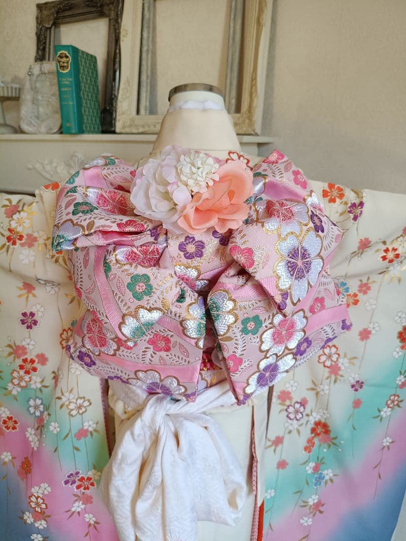 上級品☆正絹☆誂え☆クリーム色の着物に作り帯セット☆七五三７歳ハーフ成人式