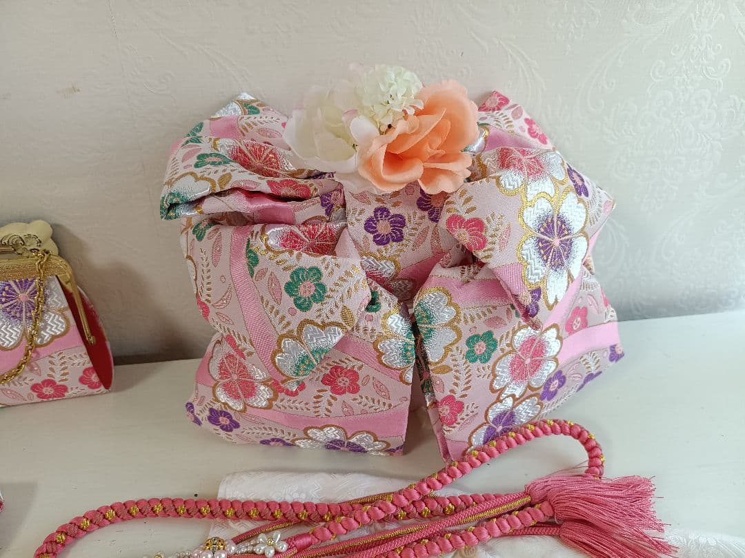 上級品☆正絹☆誂え☆クリーム色の着物に作り帯セット☆七五三７歳ハーフ成人式