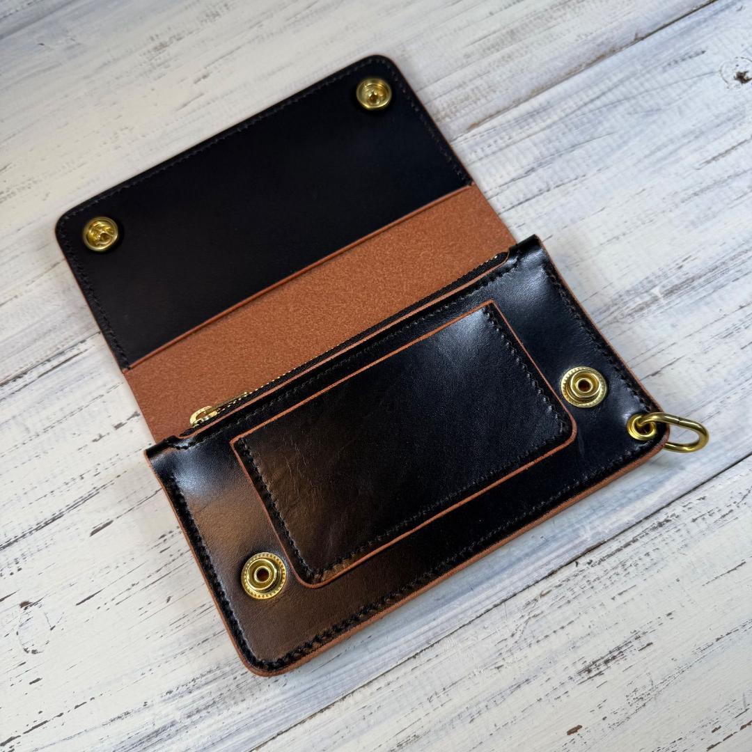 【トラッカーウォレット ミドル3層】ブラック 茶芯 ゴールド YKK