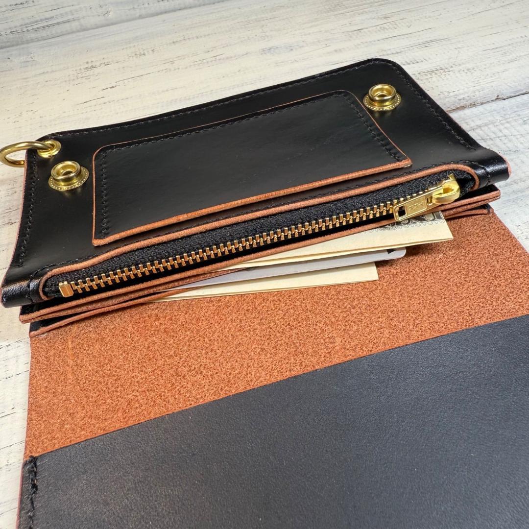 【トラッカーウォレット ミドル3層】ブラック 茶芯 ゴールド YKK