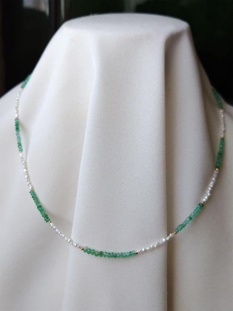 K18 エメラルド、あこや真珠芥子パール ネックレス
