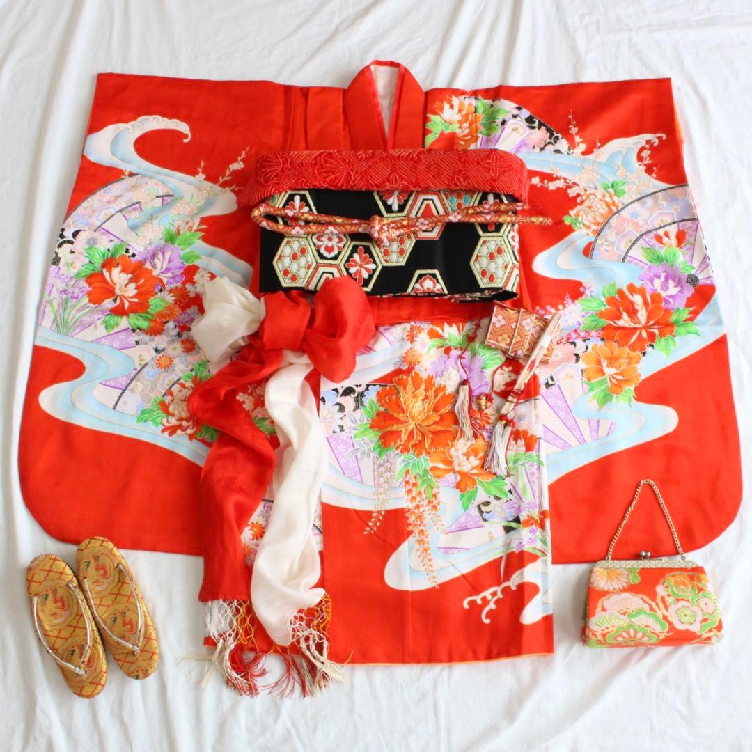 七五三 7歳 女の子 子供 赤 着物 帯 セット