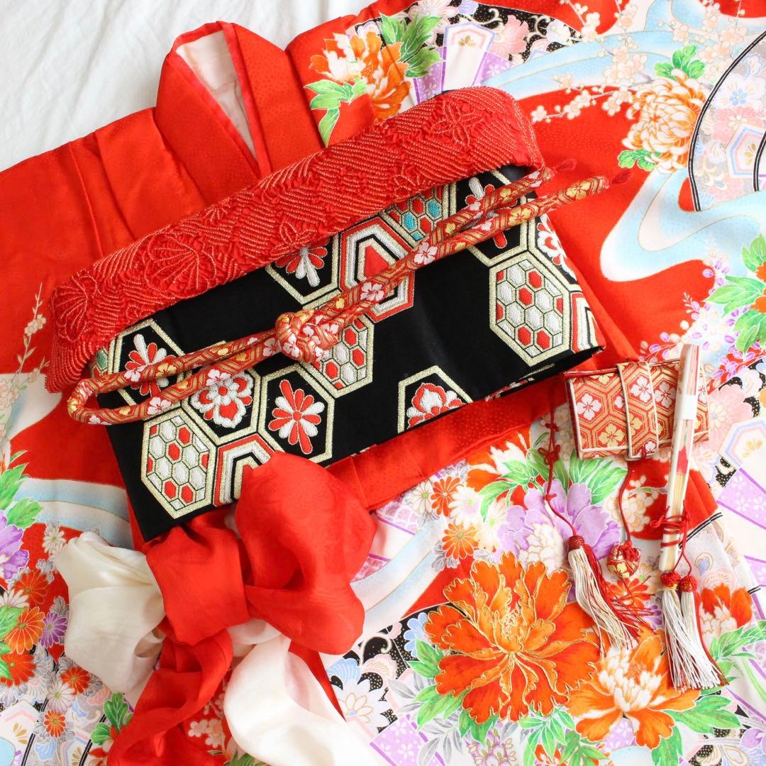 七五三 7歳 女の子 子供 赤 着物 帯 セット