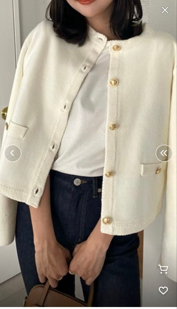 anuans オリジナルボタンノーカラーニットジャケット （IVORY）