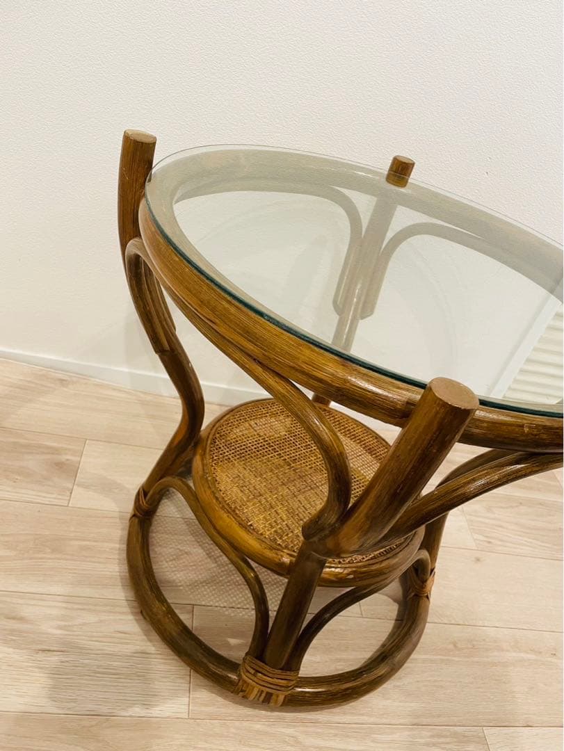 送料無料　ラタン　ローテーブル　ガラステーブル