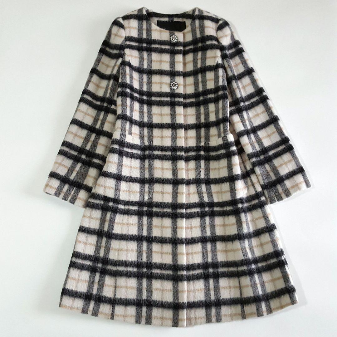 美品 TO BE CHIC MANTECO シャギーチェック ノーカラーコート
