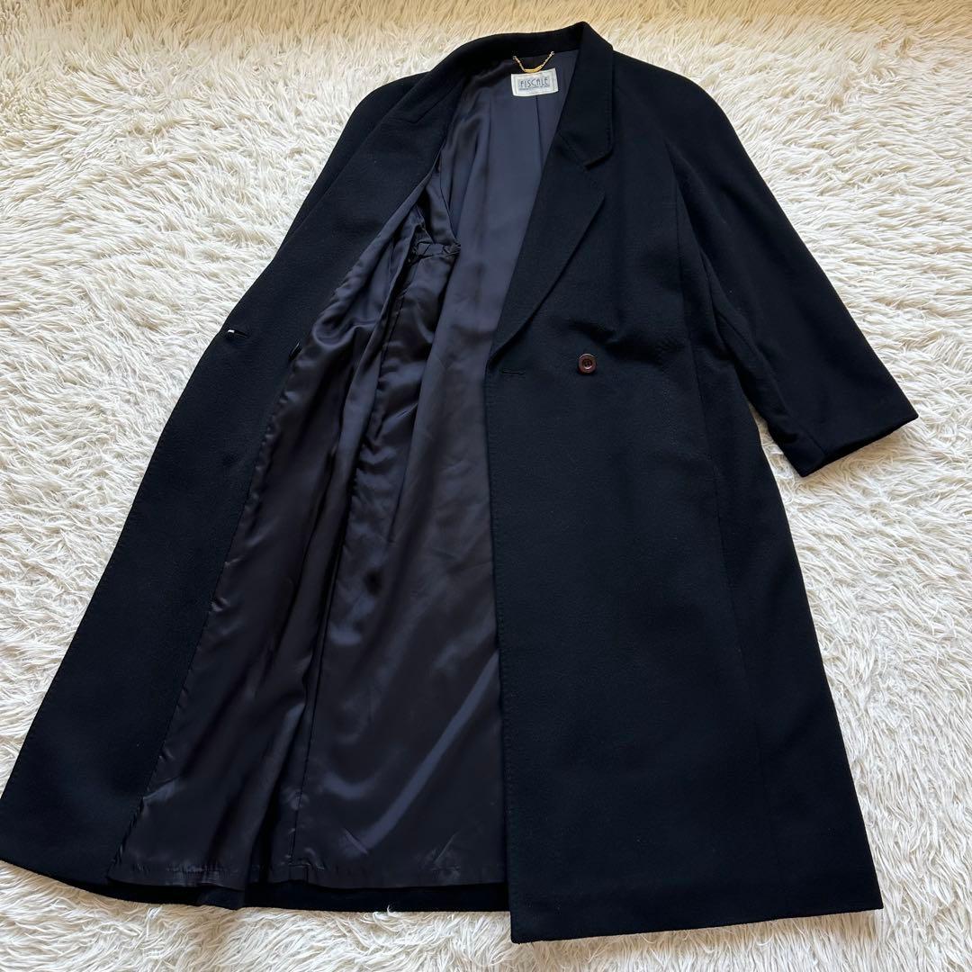 美品✨カシミヤ100%チェスターコート　ロング　ダブル　ラグラン袖　黒　ブラック