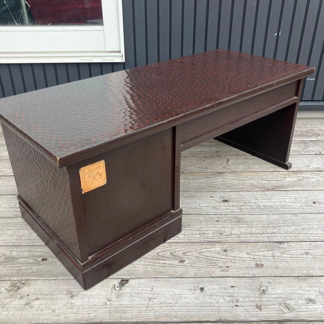 昭和レトロ 古家具 鎌倉彫 木製文机 5杯引き出し付き座卓 書斎机 ビンテージ