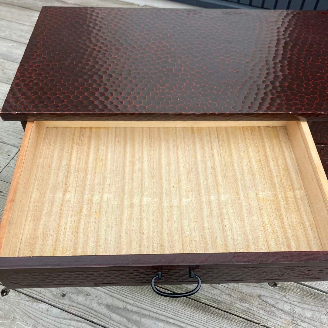 昭和レトロ 古家具 鎌倉彫 木製文机 5杯引き出し付き座卓 書斎机 ビンテージ