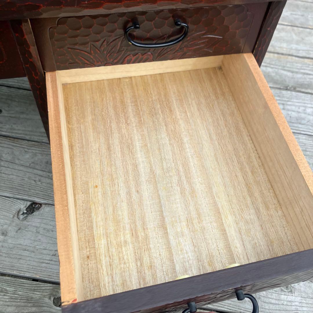 昭和レトロ 古家具 鎌倉彫 木製文机 5杯引き出し付き座卓 書斎机 ビンテージ