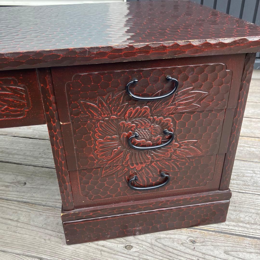 昭和レトロ 古家具 鎌倉彫 木製文机 5杯引き出し付き座卓 書斎机 ビンテージ