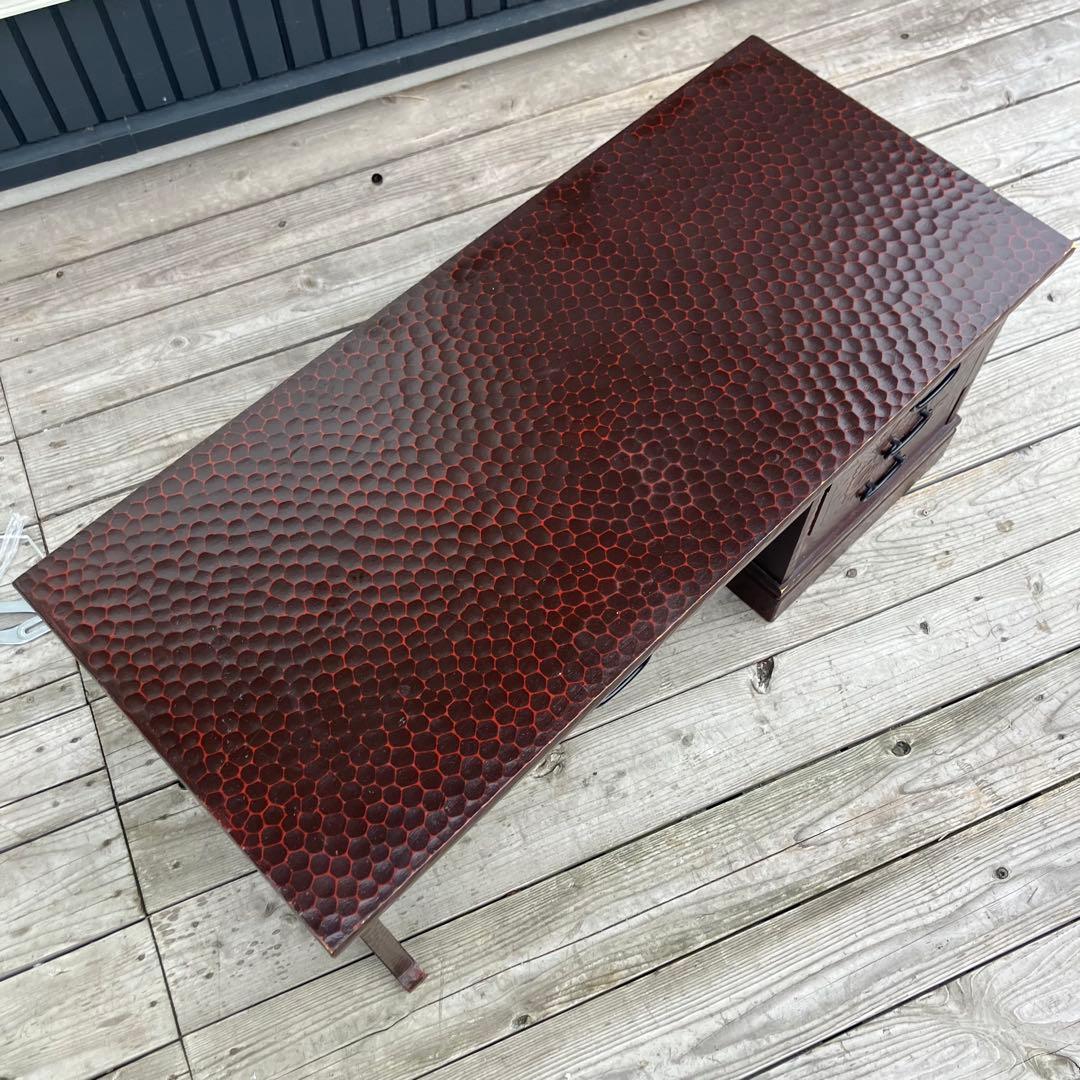 昭和レトロ 古家具 鎌倉彫 木製文机 5杯引き出し付き座卓 書斎机 ビンテージ