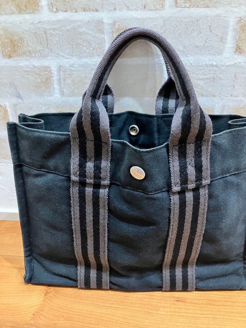 コニーさん限定　HERMES 黒 ストライプ トートバッグ キャンバス