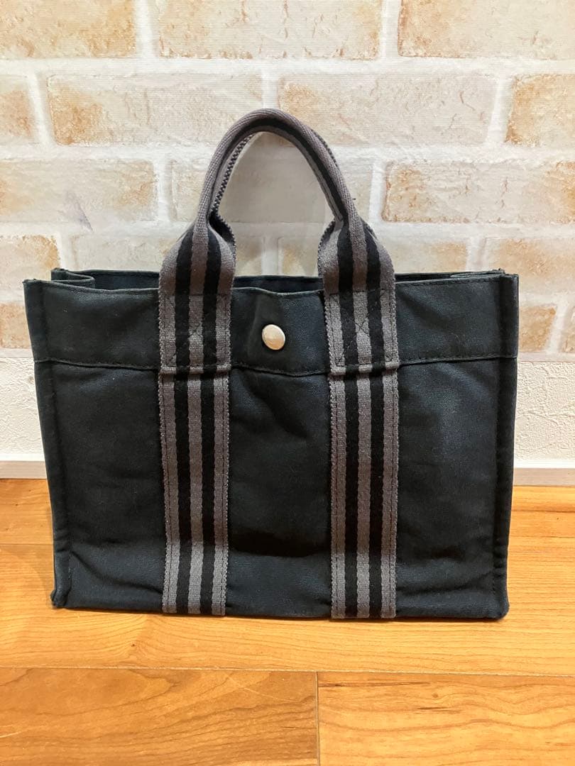コニーさん限定　HERMES 黒 ストライプ トートバッグ キャンバス