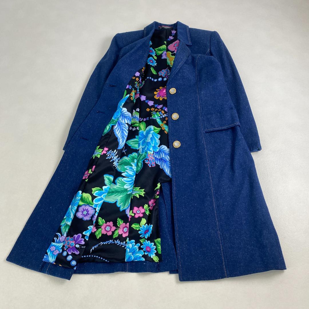 美品　レオナール　チェスターコート　レオナール 裏地総柄 派手 シルク デニム