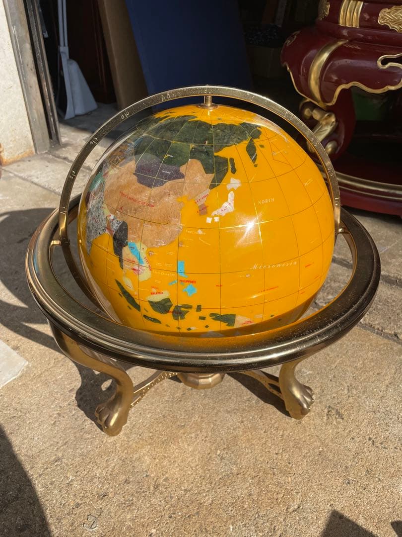 イエロー 黄色 方位磁石付き 天然石 アンティーク 地球儀 インテリア