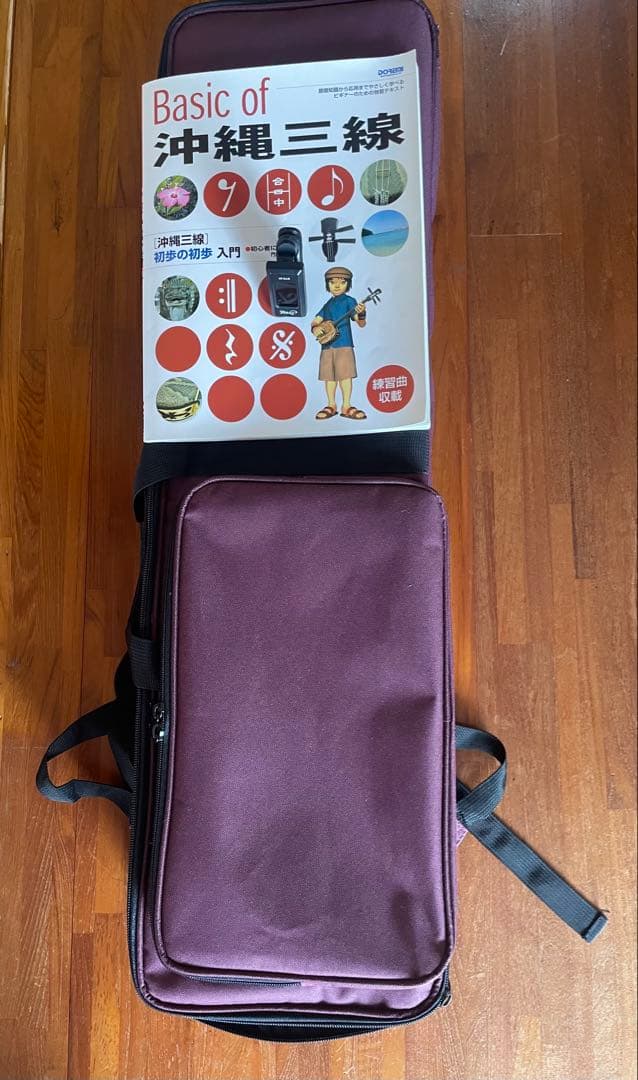 沖縄三線 紫ケース・クリップチューナー・入門本 付き　ドラゴン刺繍入り