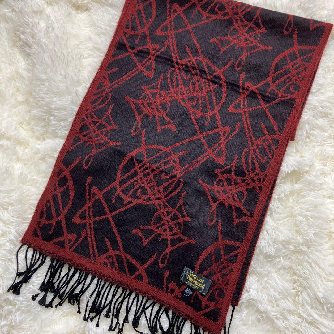 極美品 ヴィヴィアンウエストウッド リバーシブル　マフラー イタリア製 赤茶色