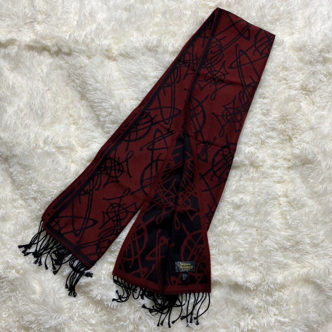 極美品 ヴィヴィアンウエストウッド リバーシブル　マフラー イタリア製 赤茶色