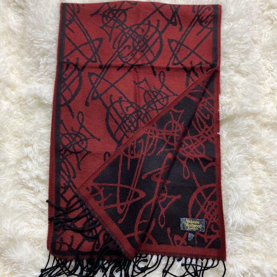 極美品 ヴィヴィアンウエストウッド リバーシブル　マフラー イタリア製 赤茶色