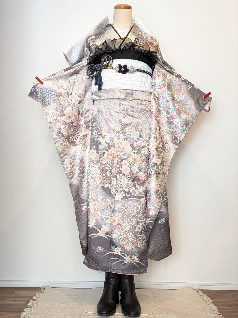 振袖フルセット 身丈171裄66 暈し染め 金銀彩 グレー 逸品 成人式