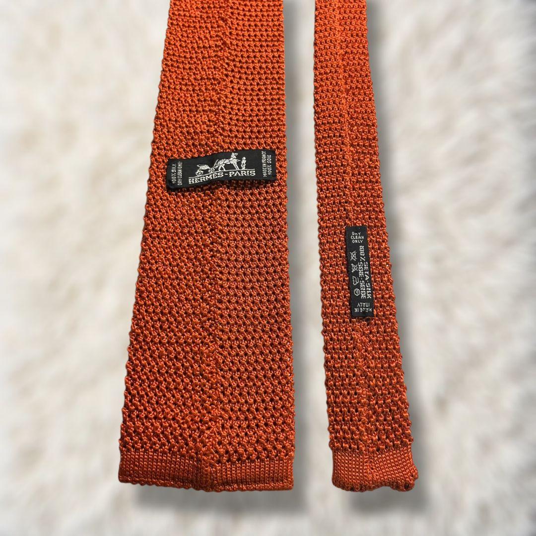 【極美品✨】エルメス ニットタイ ソリッド オレンジ H刺繍 現行タグ ネクタイ