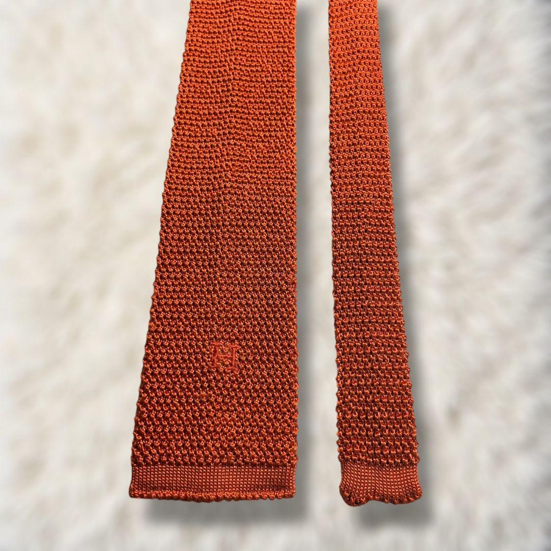 【極美品✨】エルメス ニットタイ ソリッド オレンジ H刺繍 現行タグ ネクタイ