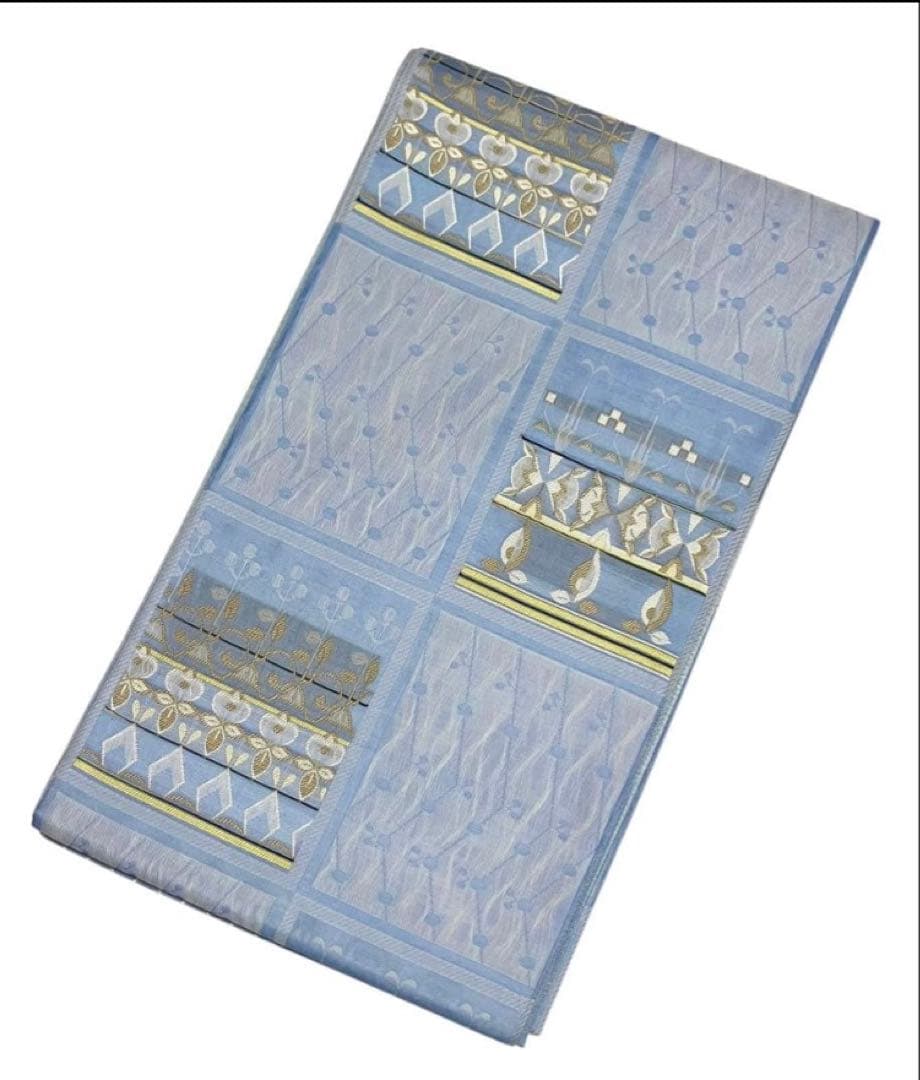 夏帯 袋帯 六通柄 正絹 格子柄 葉文 未使用 イ6533