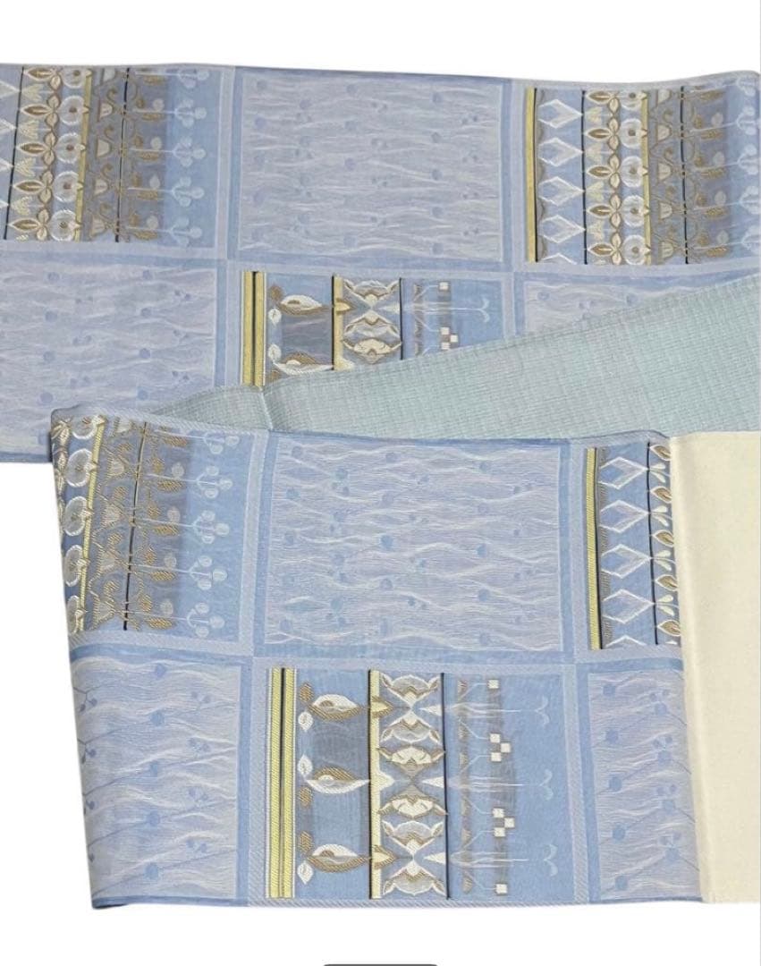 夏帯 袋帯 六通柄 正絹 格子柄 葉文 未使用 イ6533