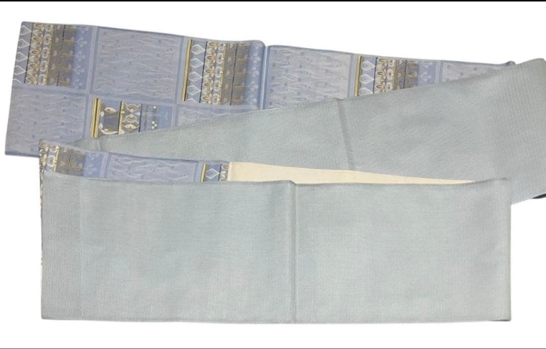 夏帯 袋帯 六通柄 正絹 格子柄 葉文 未使用 イ6533