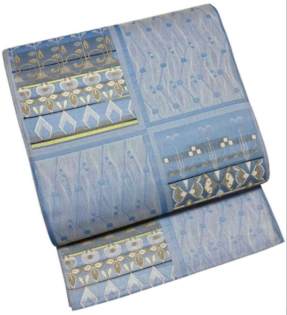 夏帯 袋帯 六通柄 正絹 格子柄 葉文 未使用 イ6533