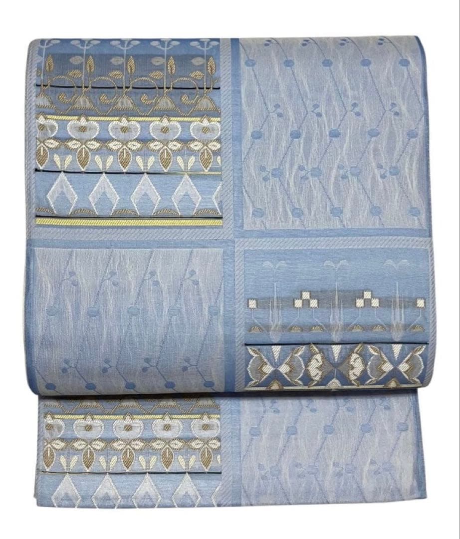 夏帯 袋帯 六通柄 正絹 格子柄 葉文 未使用 イ6533