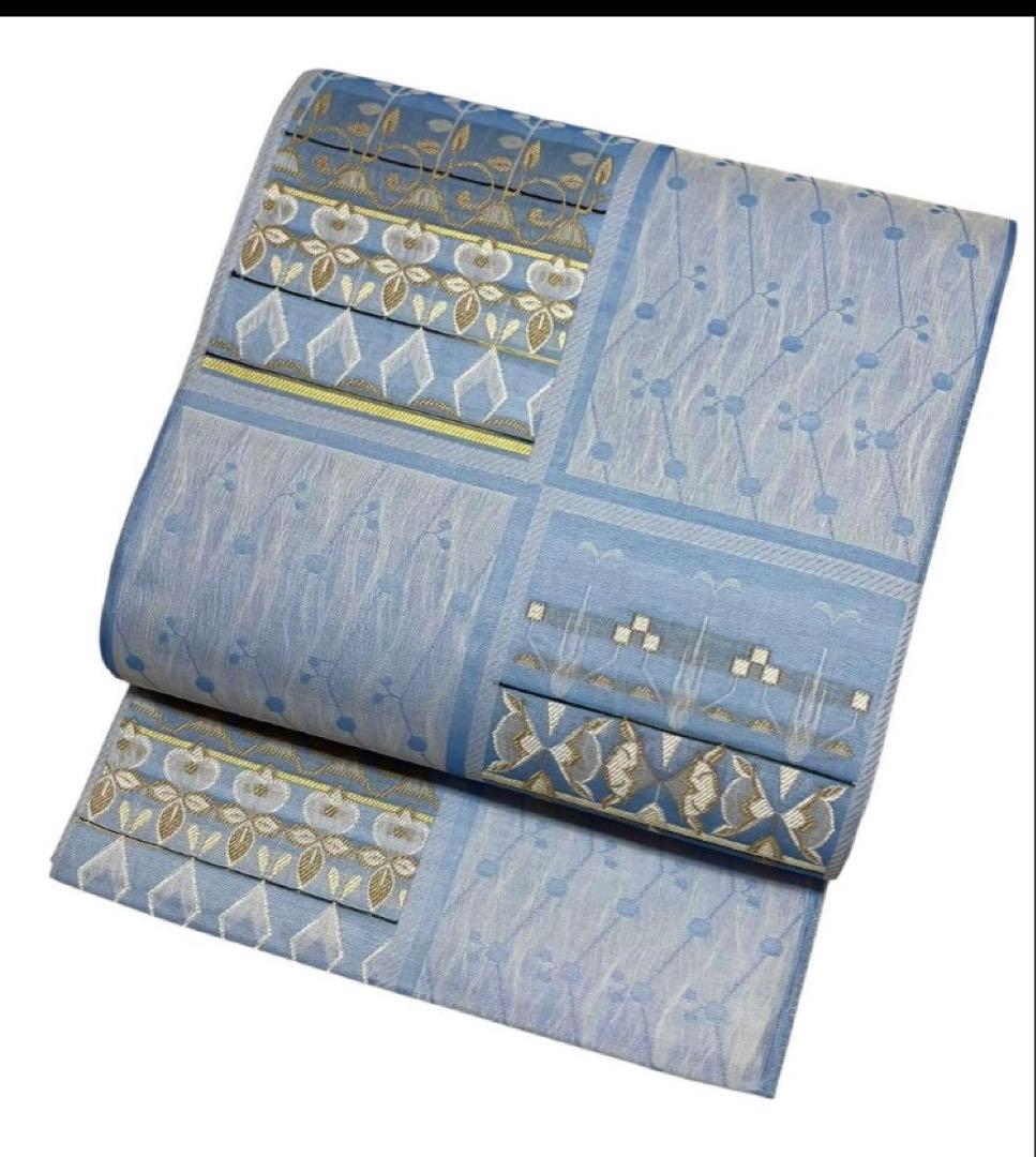 夏帯 袋帯 六通柄 正絹 格子柄 葉文 未使用 イ6533