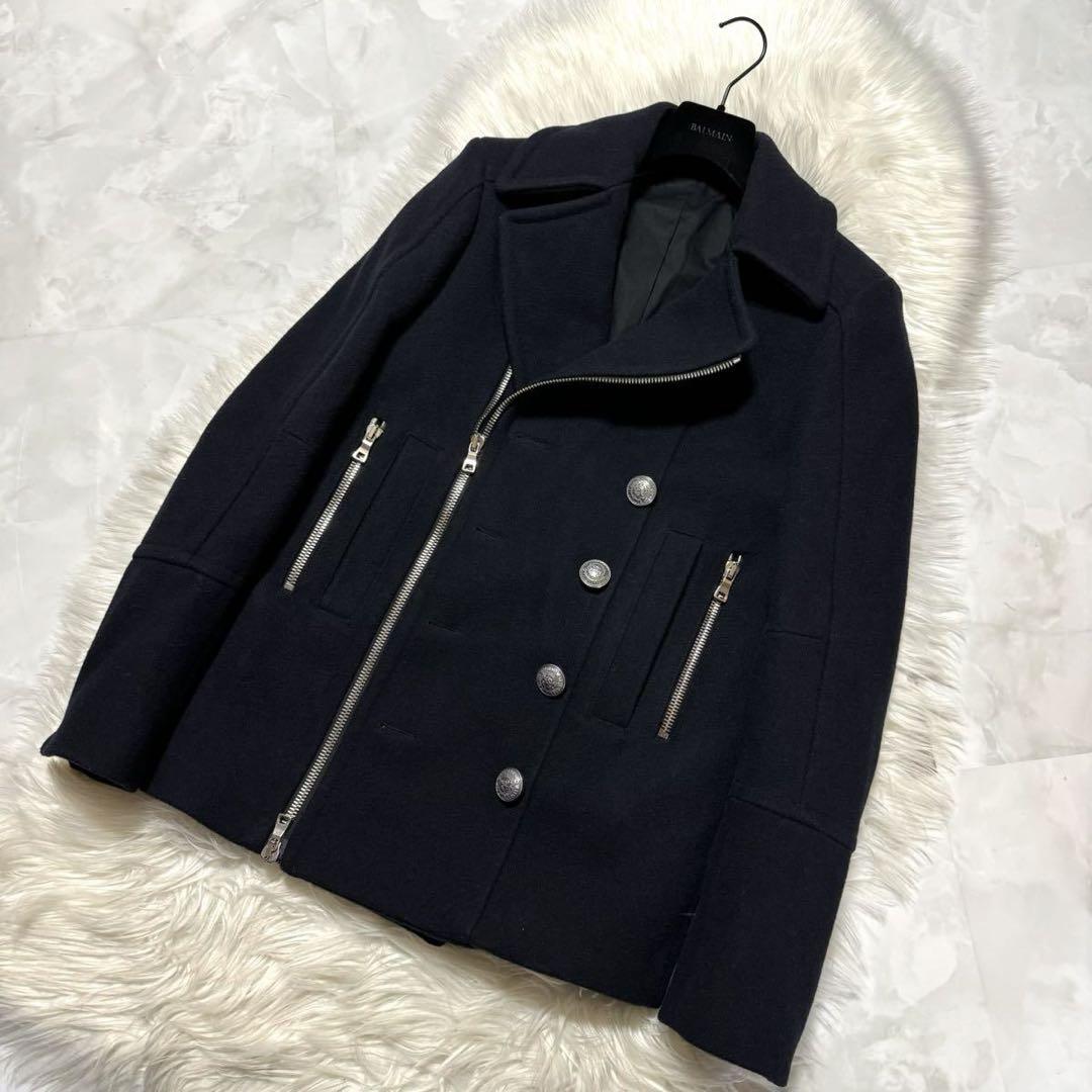 本物 バルマンオム エンブレムボタン ピーコート ジャケット 44 黒